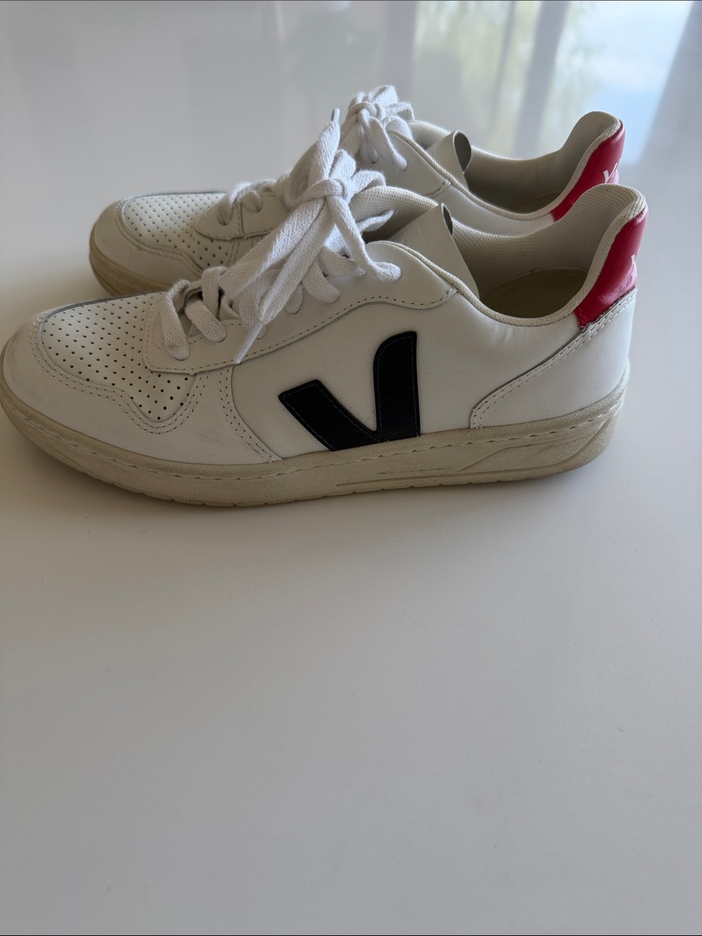 Veja White Leather Sneakers with Black V and Red Heel Tab